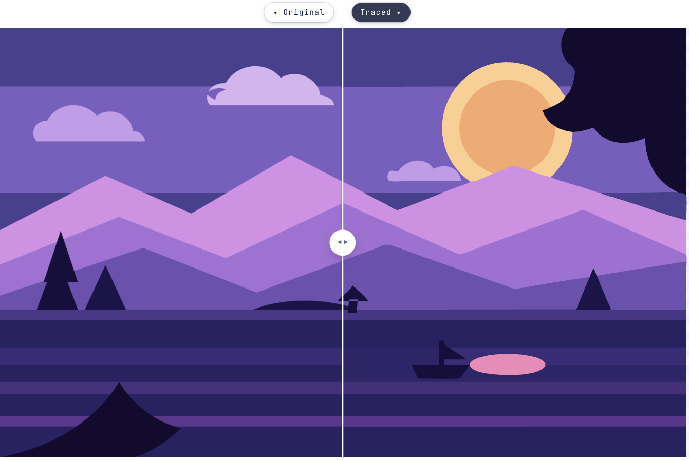 Vectron's split view: a flat illustration of mountains at sunset, the original on the left and the traced SVG on the right
