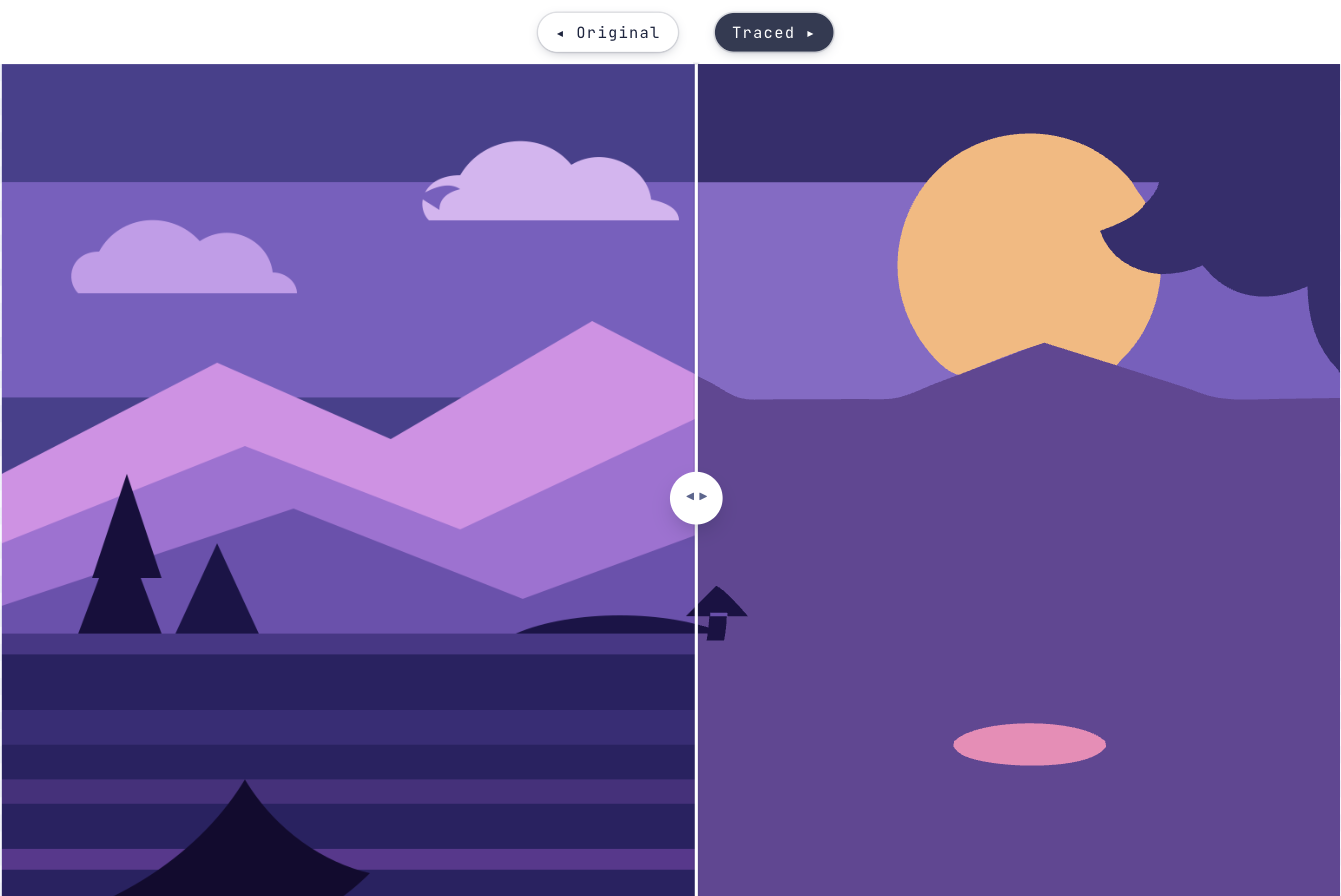 Vectron's split view with the Logo / Flat preset: flat artwork on the left, the same picture reduced to flat fills on the right