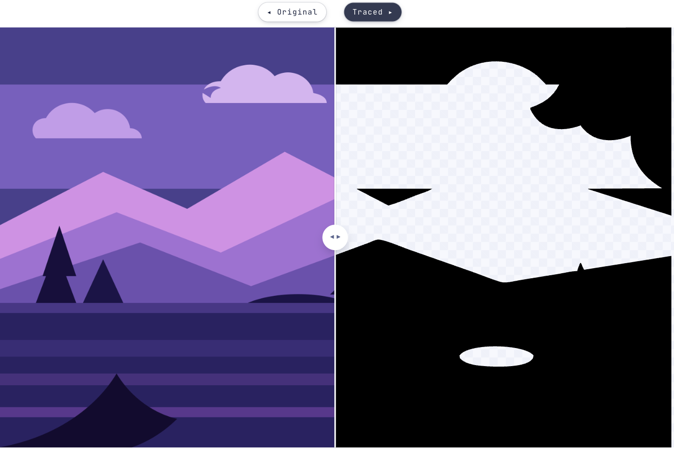 Vectron's split view in B/W: flat artwork on the left, a clean single-colour silhouette on the right